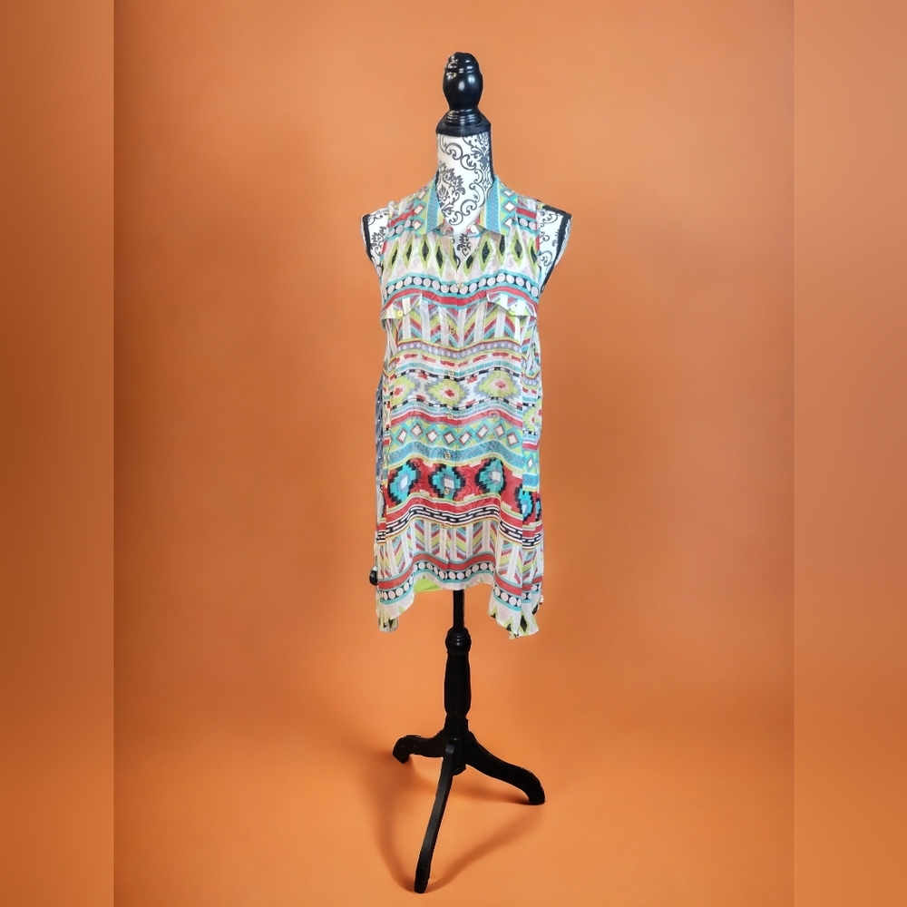 NWT BCBGMAXAZRIA Soft Guatemalan Sheer Sleeveless Collared Button-Up Tunic Sz M